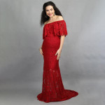 Maroon Off-Shoulder Lace Maxi Maternity Dress