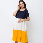 Navy Blue Colourblocked Maternity Nursing Fit & Flare Dress(Multicolor)