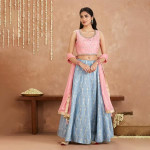 Gajra Gang by  Fashion Bani Pink and Blue Crop Top With Skirt and Dupatta