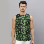 Men Green Camouflage Round Neck Sleeveless Activewear T-Shirt Vest
