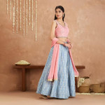 Gajra Gang by  Fashion Bani Pink and Blue Crop Top With Skirt and Dupatta