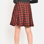 Women Red and Black Checked Box Pleated Wool Mini Skirt