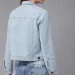 Women Blue Washed Cropped Denim Trucker Jacket