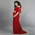 Maroon Off-Shoulder Lace Maxi Maternity Dress