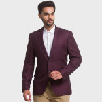 Men Maroon Checked Single-Breasted Linen Formal Blazer