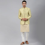 Men Gold Self-Design Slim Fit Bandhgala Blazer